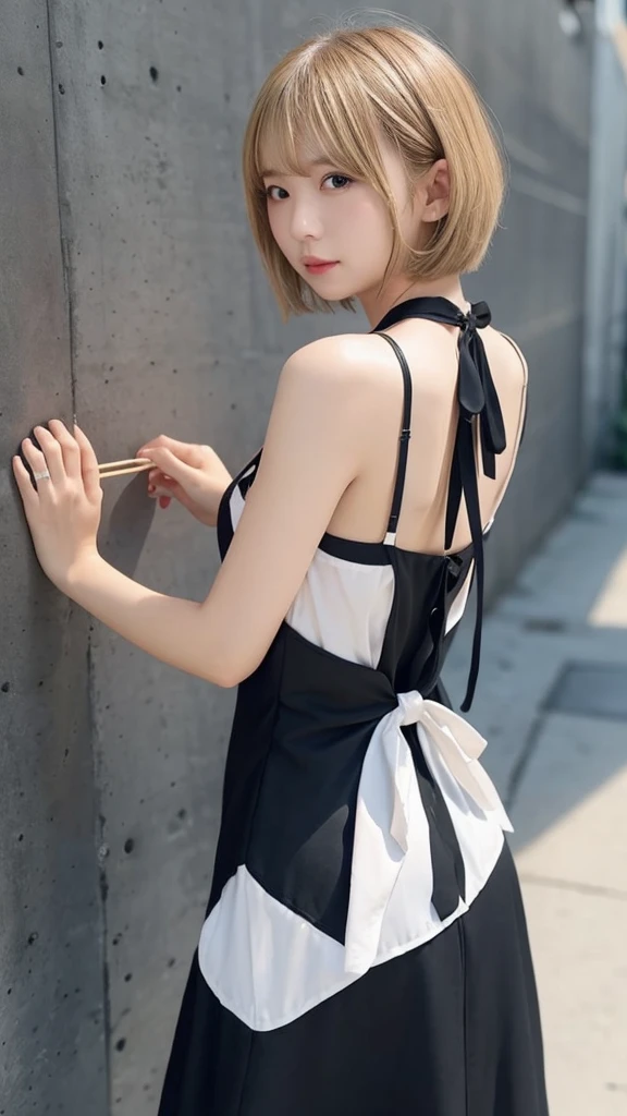 Blonde、Short Hair、Hands on the wall、Backwards、Beautiful pipline、Black dress(Short)、Cute expression、Turning around、Ribbon that sticks out the buttocks,