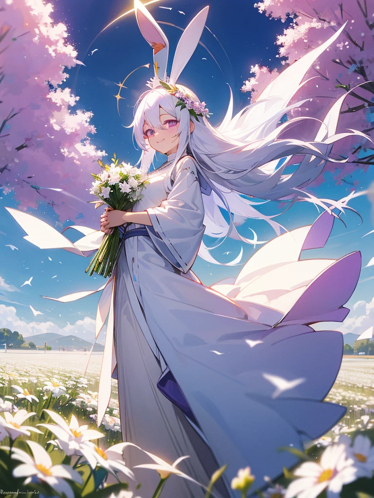 Buddha, rabbit ears, long white hair, white dress, portable shrine, festival, angel halo, flower field, purple eyes, smile, swallow, bouquet