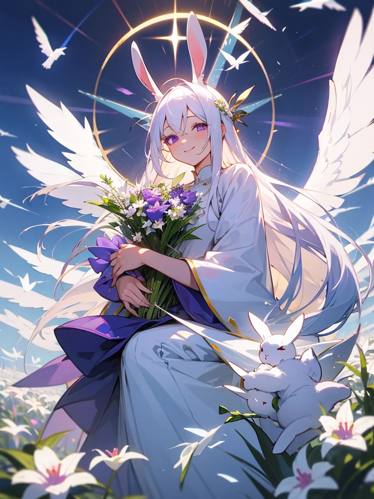 Buddha, rabbit ears, long white hair, white dress, portable shrine, festival, angel halo, flower field, purple eyes, smile, swallow, bouquet