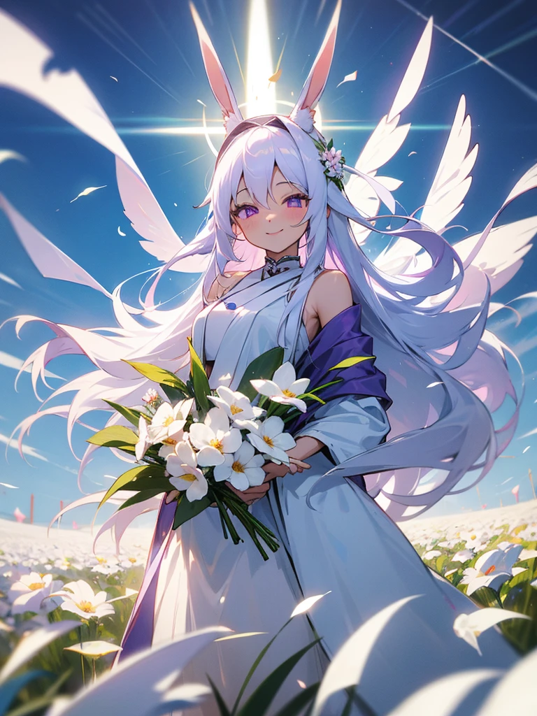 Buddha, rabbit ears, long white hair, white dress, portable shrine, festival, angel halo, flower field, purple eyes, smile, swallow, bouquet
