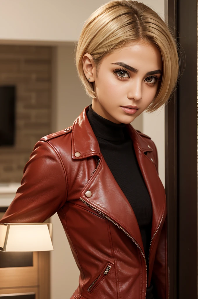 An Iranian girl with very short blond hair and light brown eyes in a red dress , a black leather jacket