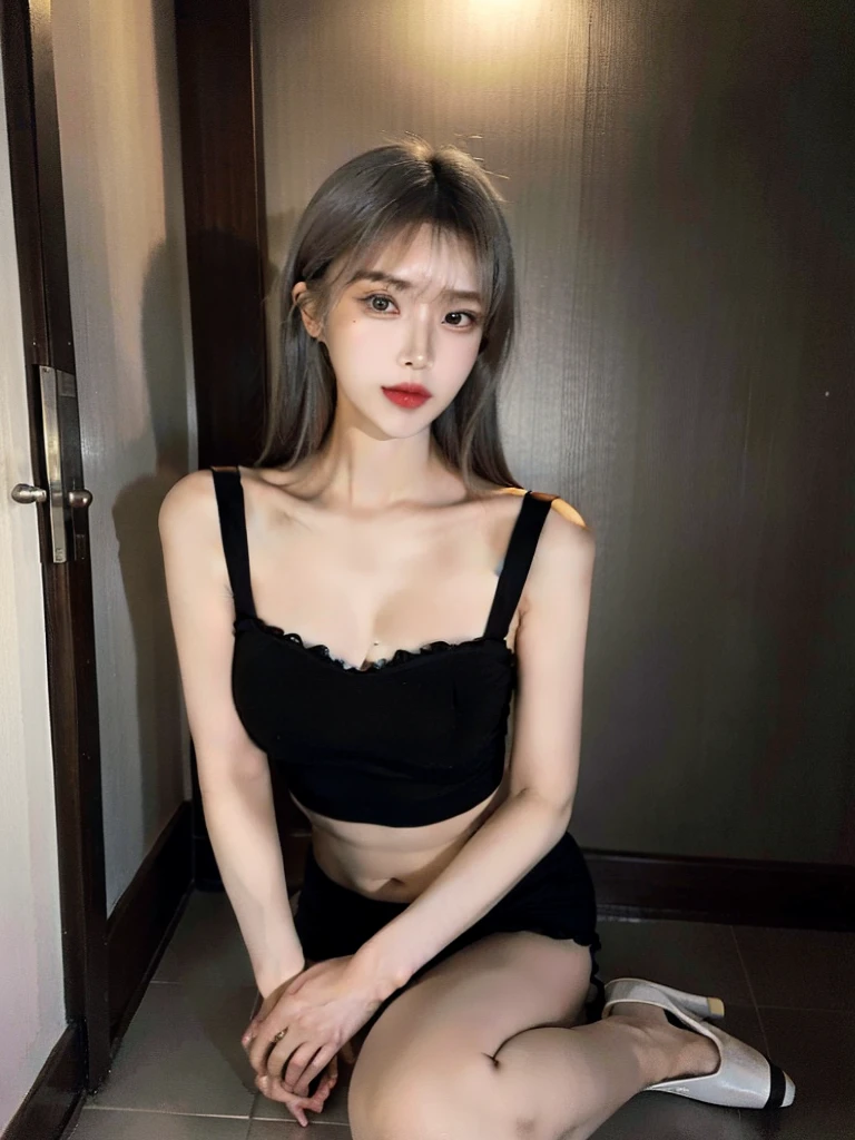 Full body Korean woman in her 20s, cellar. black lingerie, pumps high heels, Full body Standing front White skin, Normal body type, ((best quality)), ((masterpiece)), (detailed), perfect face, perfect body, perfect hands, perfect feet,
(realistic, : 1.4), original photo, (real skin texture: 1.3), (film grain: 1.3)