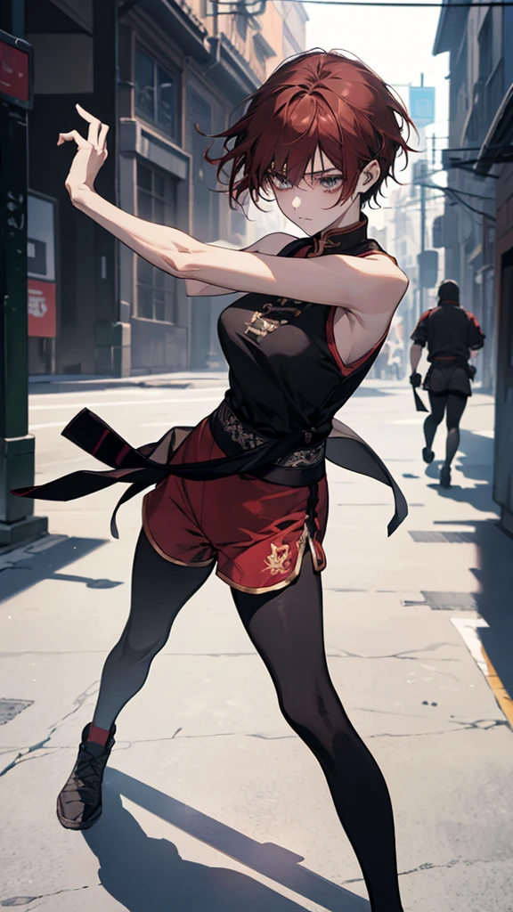 {{masterpiece}}, {{{best quality}}},{{ultra-detailed}}, {{illustration}},{{tall stature}},{{adult women}},skinny,Small breasts,Slender body,{{fighting stance}},((Leggings with integrated shorts)),Black leggings female fighter　Red hair short cut　Sleeveless uniform　Martial Arts Belt　,Chinese style,full body, black fingerless gloves,Street Fight,Slums,1 female,alone,