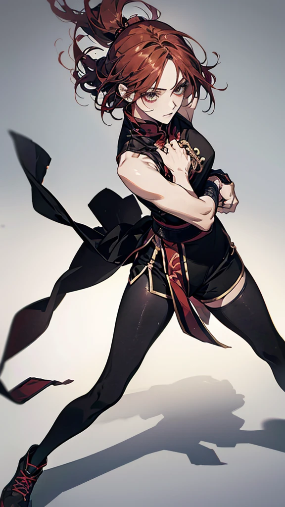 {{masterpiece}}, {{{best quality}}},{{ultra-detailed}}, {{illustration}},{{tall stature}},{{adult women}},skinny,Small breasts,Slender body,{{fighting stance}},((Leggings with integrated shorts)),Black leggings female fighter Red hair short cut Sleeveless uniform Martial Arts Belt ,Chinese style,full body, black fingerless gloves,Street Fight,Slums,1 female,alone,