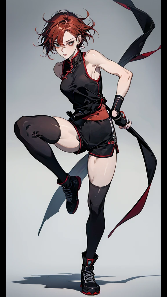{{masterpiece}}, {{{best quality}}},{{ultra-detailed}}, {{illustration}},{{tall stature}},{{adult women}},skinny,Small breasts,Slender body,{{fighting stance}},((Leggings with integrated shorts)),Black leggings female fighter　Red hair short cut　Sleeveless uniform　Martial Arts Belt　,Chinese style,full body, black fingerless gloves,Street Fight,Slums,1 female,alone,