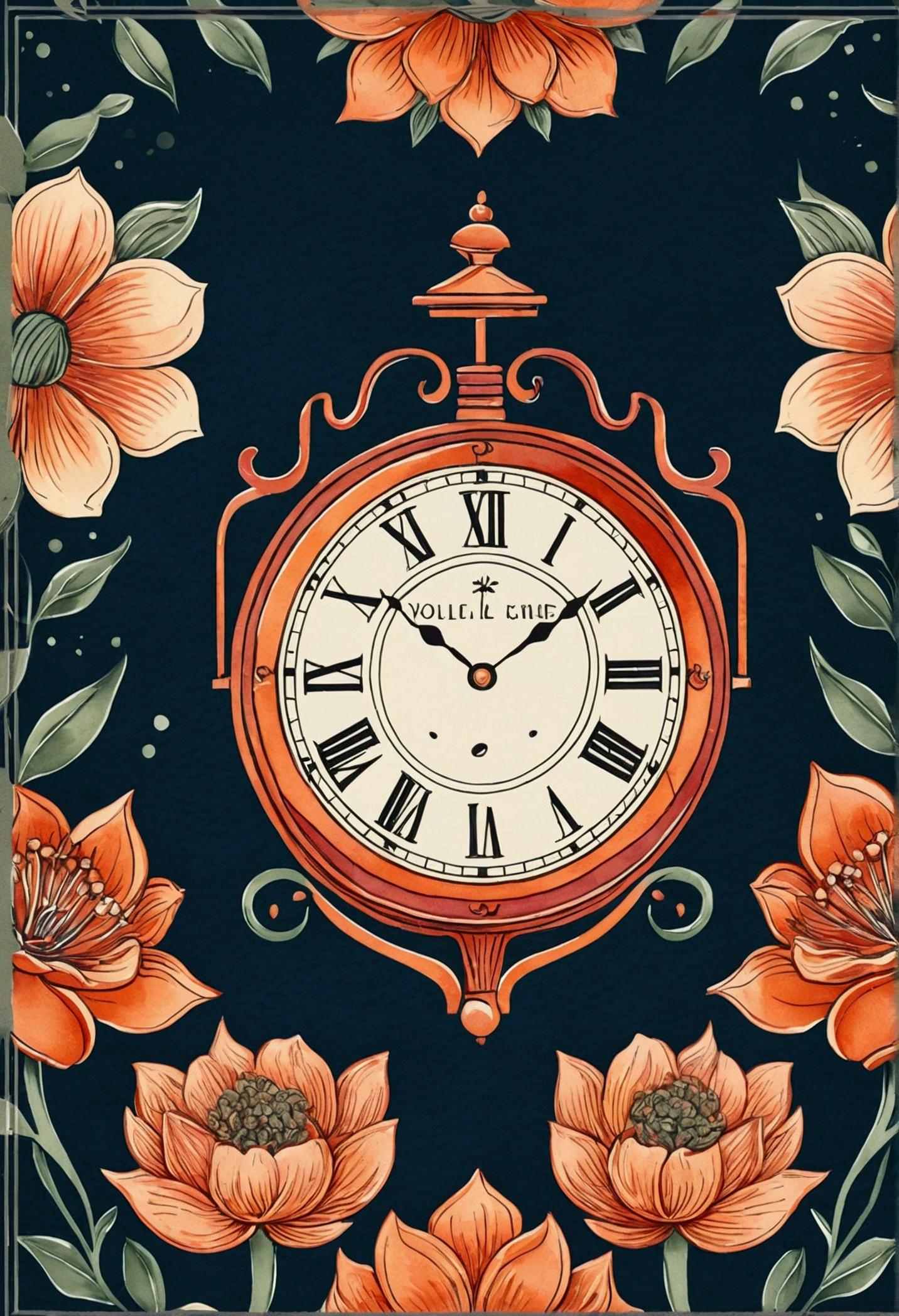 "Create a vintage t-shirt with 'Seize the Moment' in a retro font and faded color palette. Add a design of a grandfather clock or a blooming flower." 2D, vector art; Shading and gradients, Art Nouveau, vibrant colors and synthwave. Vector design, thin lines, central composition, soft background, palette (dark blue, orange, red, olive green), watercolor logo style with patterned effect, pattern. Blow. Monochrome background, from yukisakura, with original and incredible colors.