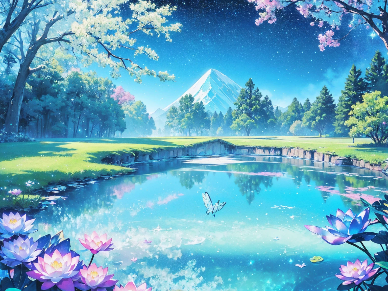 Mystical landscape with (luminous starry blue and white lotuses), iridescent aqua and seafoam green butterflies, beautiful sakura tree, (((unique view with extremely vivid multicolors without any people))), {extremely detailed 16k CG unity wallpaper}, expansive natural landscape photography, (wide open field view), (low angle shot),complex details, (iridescent colors: 1.6), (bright lighting), (atmospheric lighting), Dreamy, unique, no people, reflections perfect,(no humans),landscape only, pixiv_fantasia,((starry glittering pond filled with stardust))