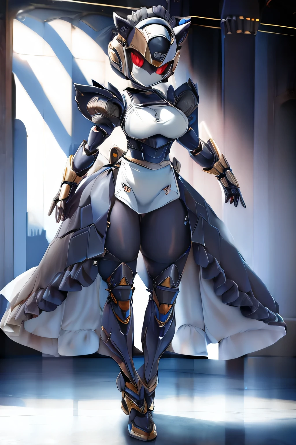armor, best quality, high quality, 4K, robot, a girl, maid, a wolf, looking at viewer, short hair, blonde, red eyes, beautiful ass, with wolf ears, curvy, pale skin, , mouth mask, 10-year-old, black background, cute, dreamcore, in the style of glitch, anime, nsfw, full body shot