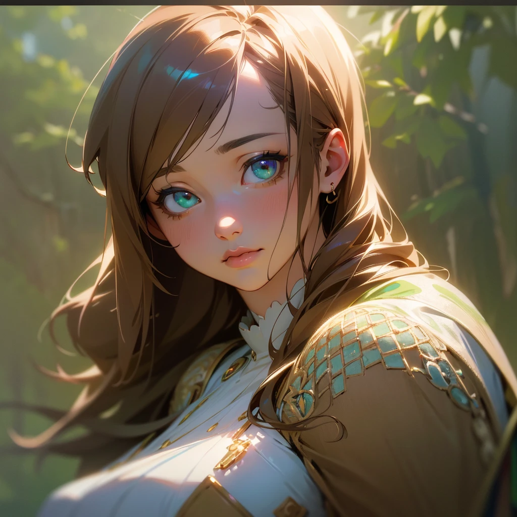 A cute anime girl with long brown hair, heterochromatic eyes (one green and one blue), beautiful detailed eyes, beautiful detailed lips, extremely detailed face and portrait, intricate and delicate features,  and delicate figure, elegant and graceful pose, fantasy landscape background, warm lighting, muted color palette, (best quality,4k,8k,highres,masterpiece:1.2),ultra-detailed,(realistic,photorealistic,photo-realistic:1.37),digital art,highly detailed,vibrant colors,cinematic lighting,stunning atmosphere