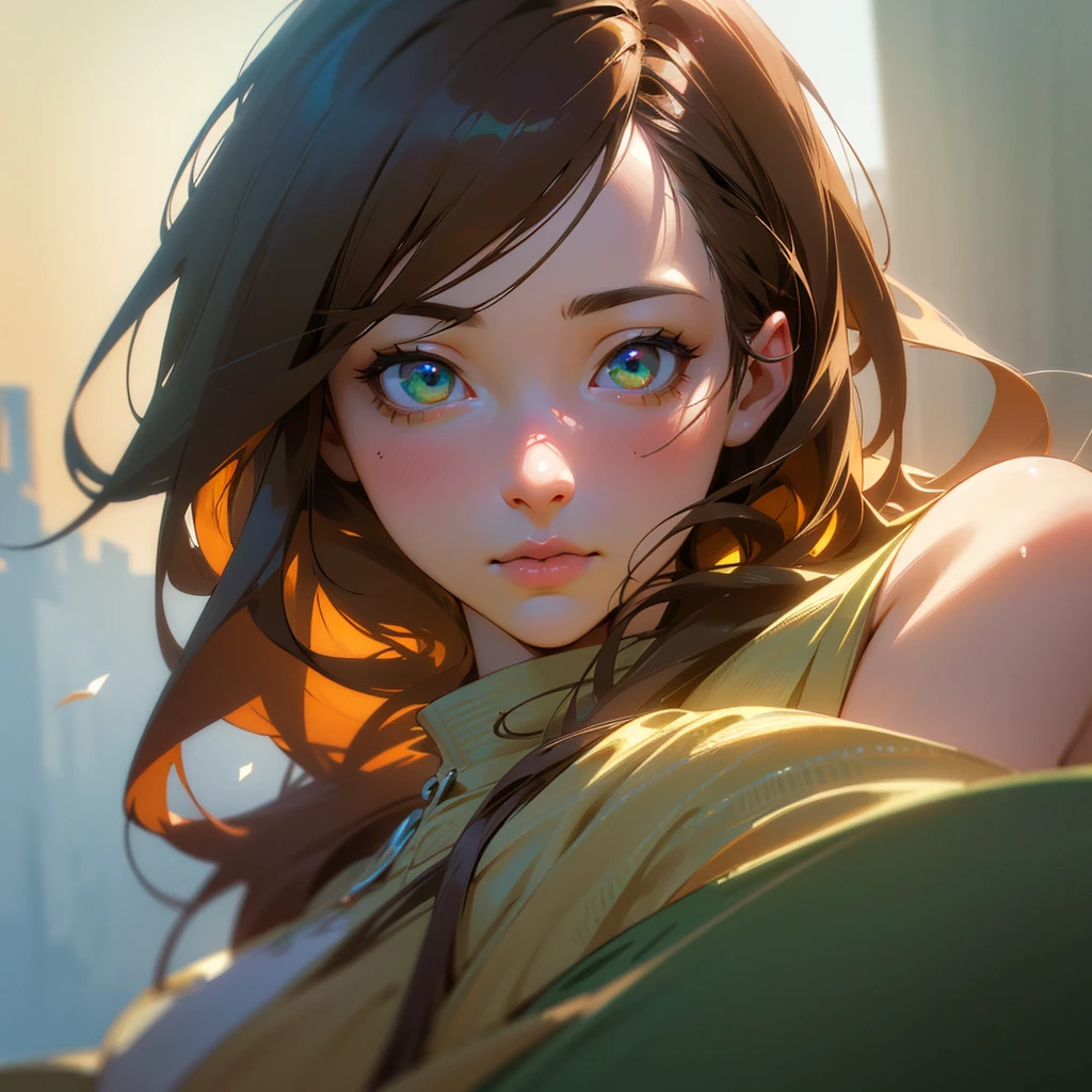 A cute anime girl with long brown hair, heterochromatic eyes (one green and one blue), beautiful detailed eyes, beautiful detailed lips, extremely detailed face and portrait, intricate and delicate features,  and delicate figure, elegant and graceful pose, fantasy landscape background, warm lighting, muted color palette, (best quality,4k,8k,highres,masterpiece:1.2),ultra-detailed,(realistic,photorealistic,photo-realistic:1.37),digital art,highly detailed,vibrant colors,cinematic lighting,stunning atmosphere
