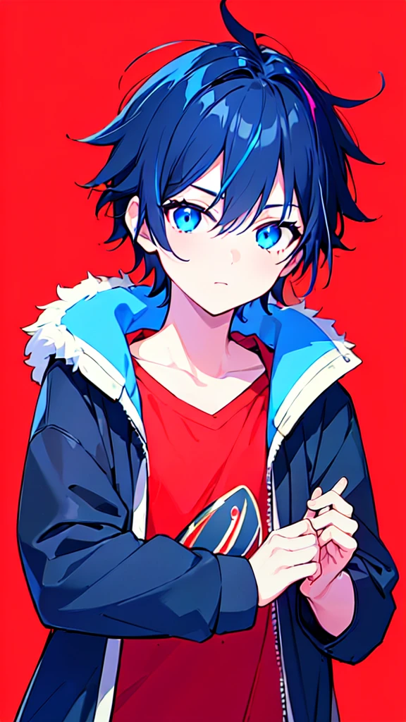 [(RED BACKGROUND:1.5),::5], ((((masterpiece)))), high quality, ultra very high resolution, full color, (((solo))), ((little boy)), BLACK hair, (Blue streaked hair), (oriental deepblue eyes), anime, ((upper body)), Summer clothes, neon light, black parka, 