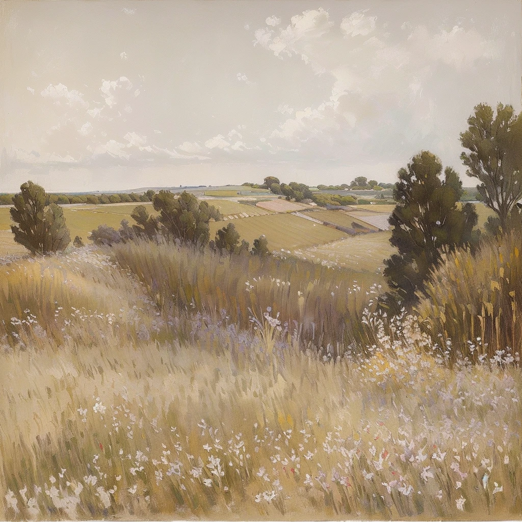 A painting，In the style of Joaquin Sorolla，Depicts a vast field，Fields of tall grass and wildflowers，There is a fence，The sky is gray，The overall color is gray-brown。The bold brushstrokes in the painting，Inspired by Childe Hassam，Post-modern Impressionist style。Use oil painting techniques，Draw by hand。