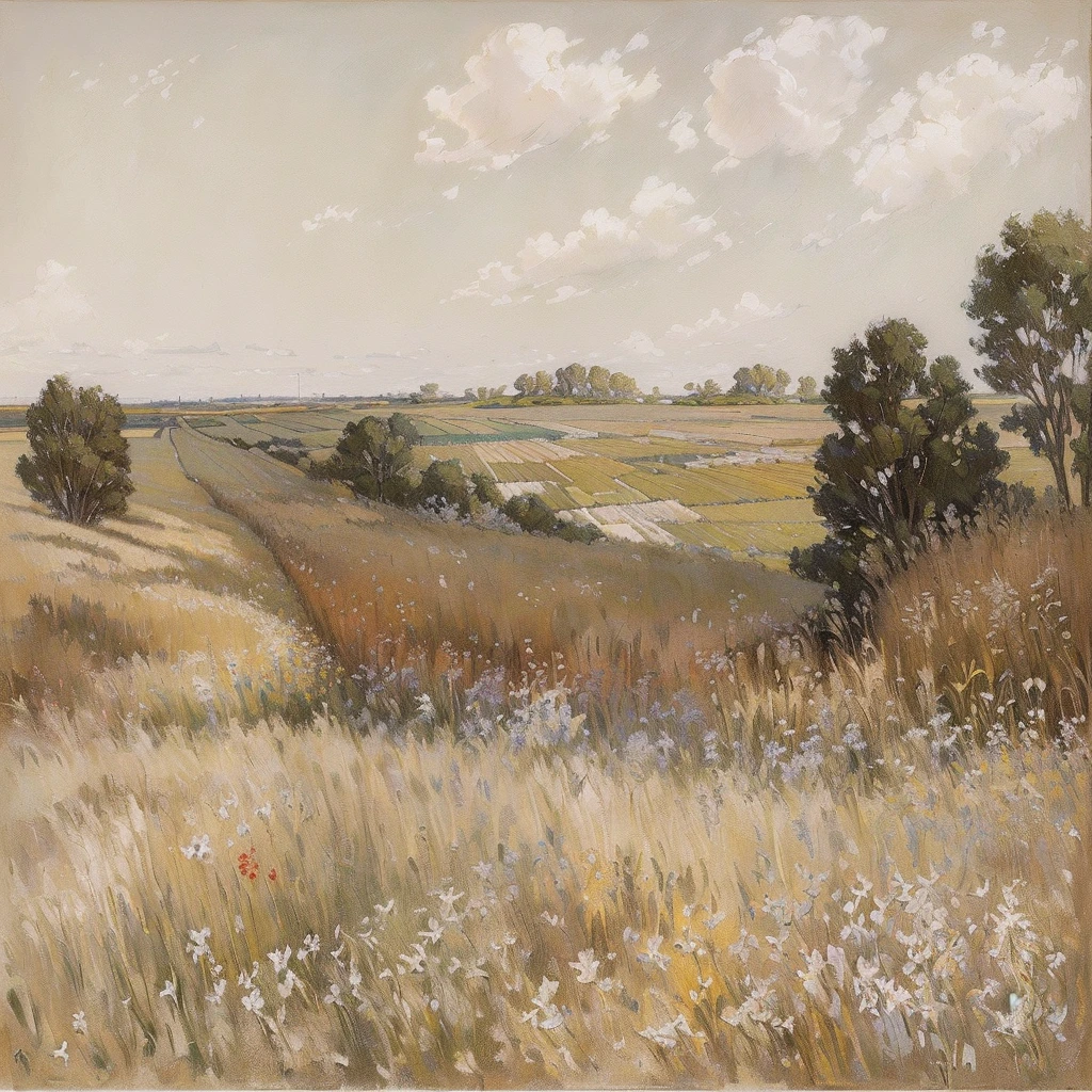 A painting,In the style of Joaquin Sorolla,Depicts a vast field,Fields of tall grass and wildflowers,There is a fence,The sky is gray,The overall color is gray-brown。The bold brushstrokes in the painting,Inspired by Childe Hassam,Post-modern Impressionist style。Use oil painting techniques,Draw by hand。