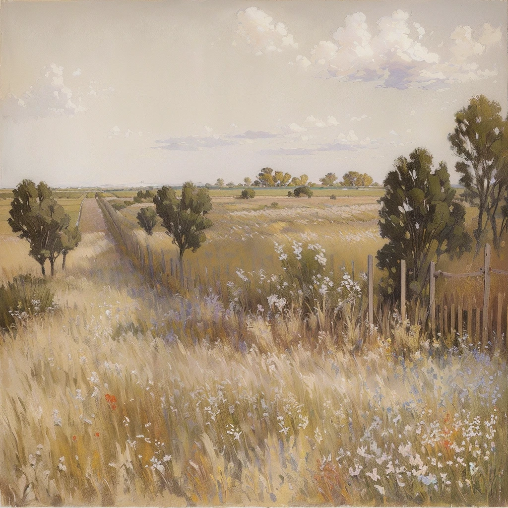 A painting，In the style of Joaquin Sorolla，Depicts a vast field，Fields of tall grass and wildflowers，There is a fence，The sky is gray，The overall color is gray-brown。The bold brushstrokes in the painting，Inspired by Childe Hassam，Post-modern Impressionist style。Use oil painting techniques，Draw by hand。