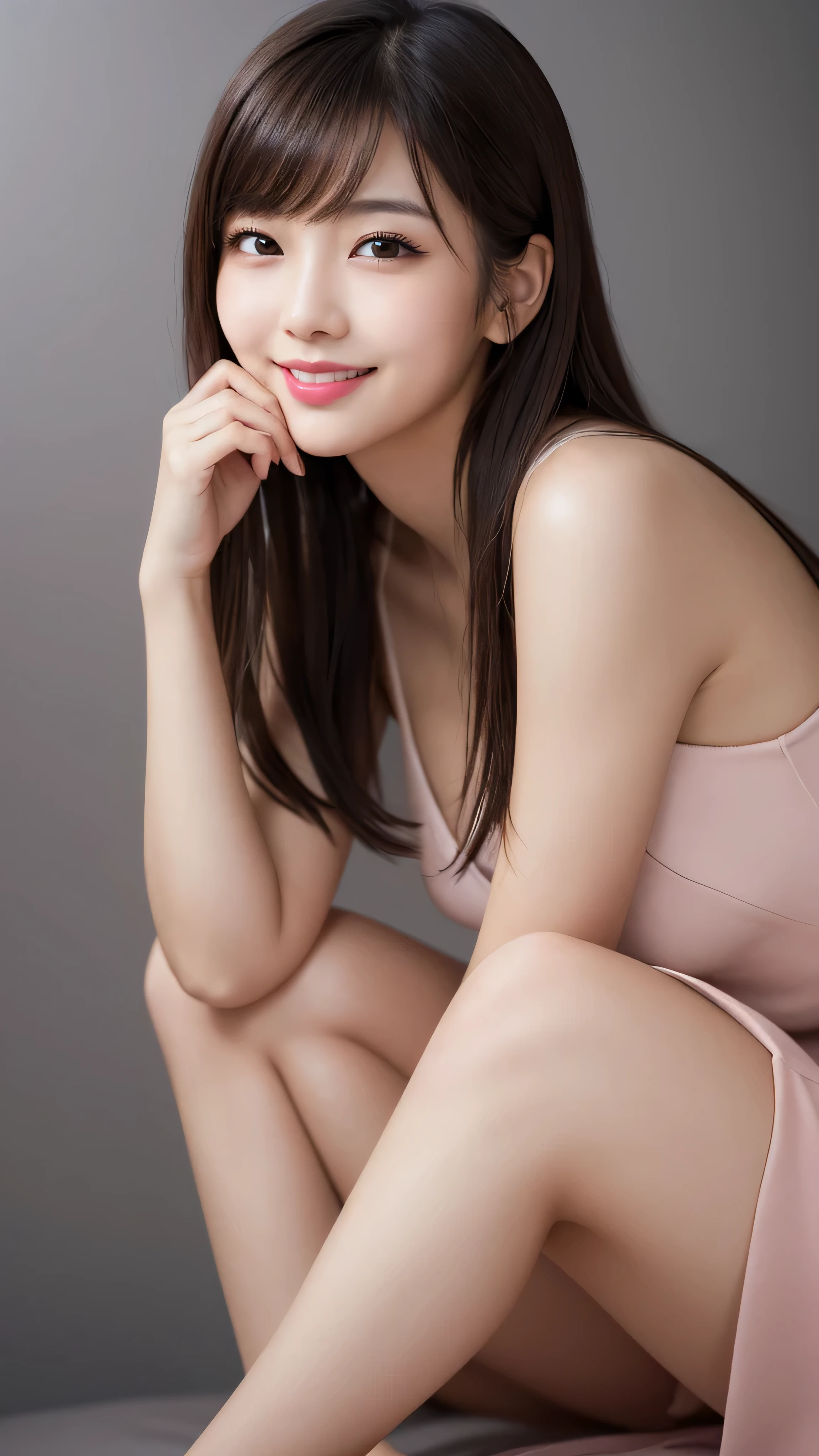 40k, photograph, masterpiece, Highest quality, Dark Gray Background, ((beautiful girl)), ((E Cup)), perfectionな顔, perfection , ((E Cup)), ((smile、1 girl with brown eyes and beautiful light black hair)). Beautiful Japanese Women，Very white skin, . Highly detailed face, fine grain, Embarrassing, smile, summer, Daytime, whole body, (Golden ratio face、plump lower lip、Pink Lips:1.4)、fine grain、Detailed nose、Fine ears、Wet and glossy lip detail、,(CG Unity 8k high resolution wallpaper), Complex, Attention to detail, Sharp focus, dramatic, beautiful girl, (Brown Hair、Blunt bangs, Long Hair、Beautiful legs、Black Suit、valley、Beautiful legs