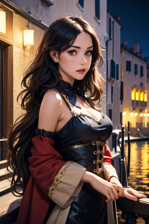 Highest quality High resolution Venice at night Cute woman in steampunk costume