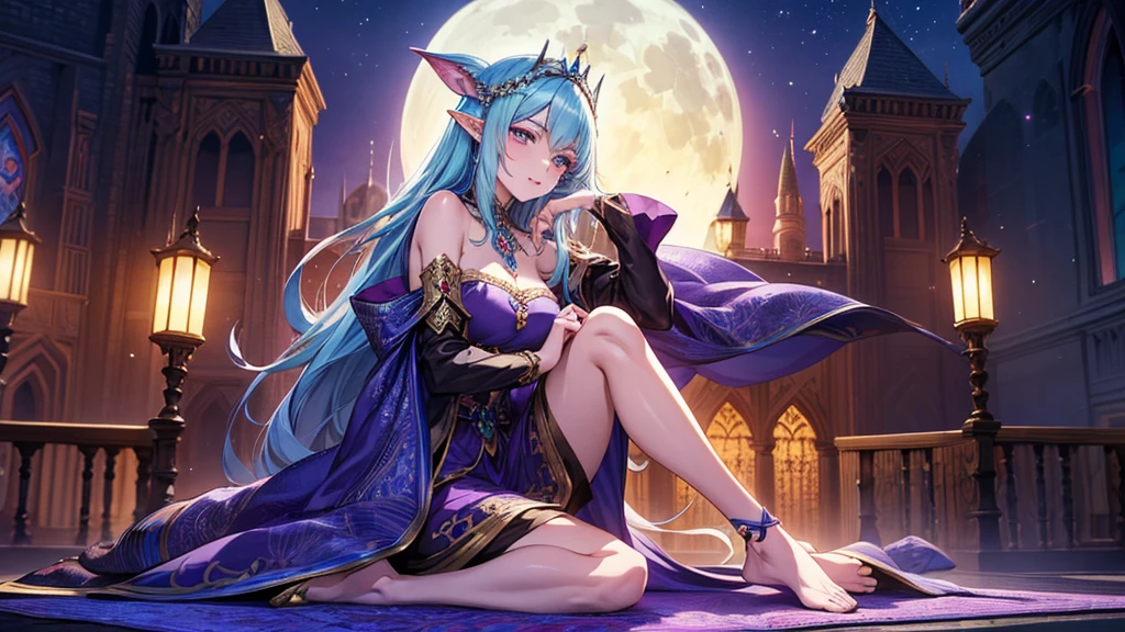 Arabic style portrait of a woman sitting on a bench in front of a castle, night、full moon、Gwaise Style、neon、Beautiful fantasy anime, Detailed fantasy digital animation, Fantasy anime style, epic Fantasy anime style hd, Detailed fantasy anime, Beautiful and elegant elven queen, 2. 5d cgi anime fantasy artwork, Epic fantasy digital art style, Fantasy-style anime, Very beautiful fantasy art、16：9