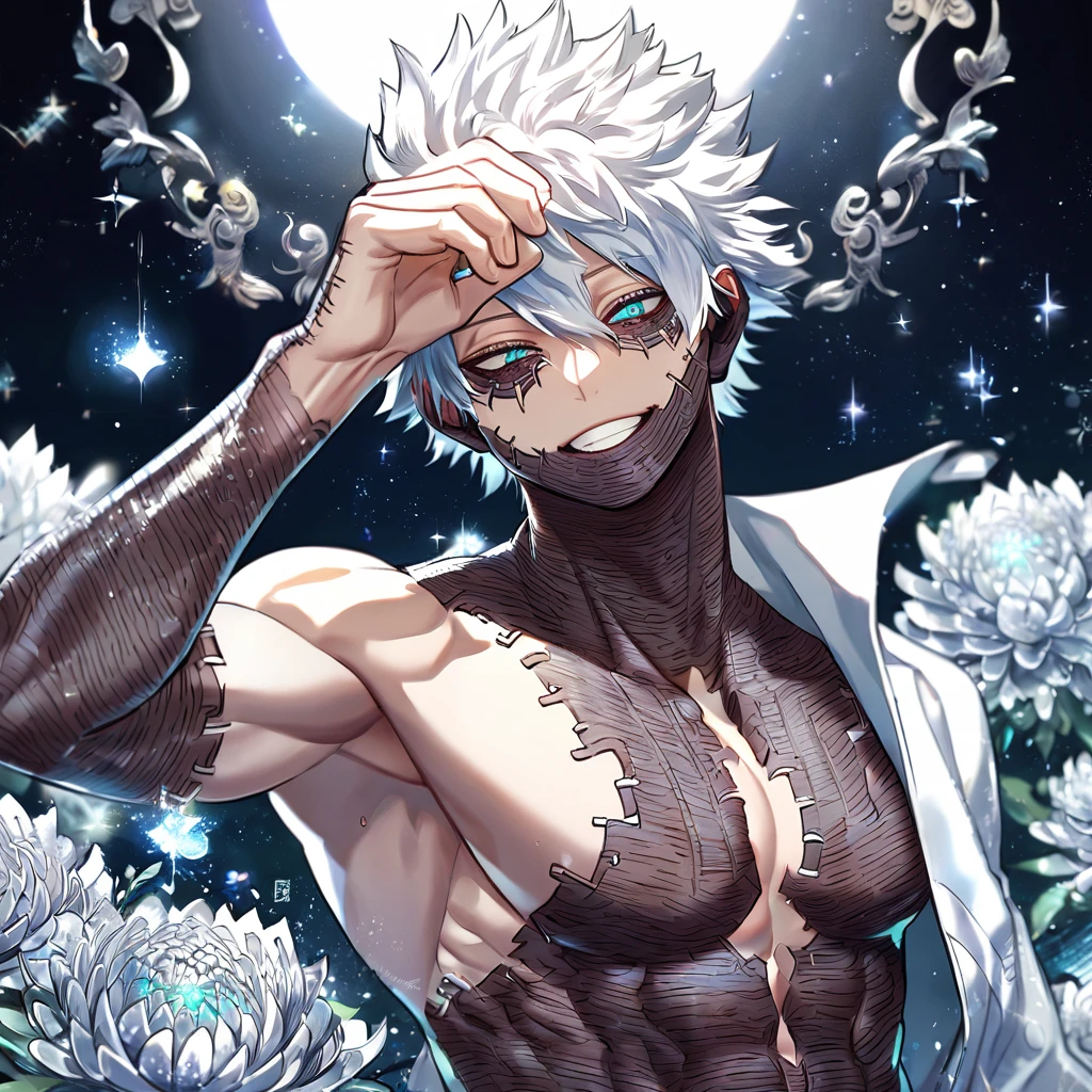 absurdres, highres, ultra detailed, HDR, master piece, best quality, extremely detailed, Dabi, white hair, expressive turquoise eyes, Boku No Hero Academia, solo, sexy man, handsome, smile, white coat, without shirt, toned chest, sexy pose, fantasy, water, sparkling, silver glittering fireflies, silver moon, silver blossoms, silver chrysanthemums, silver sparkling lights, starry sky, magical