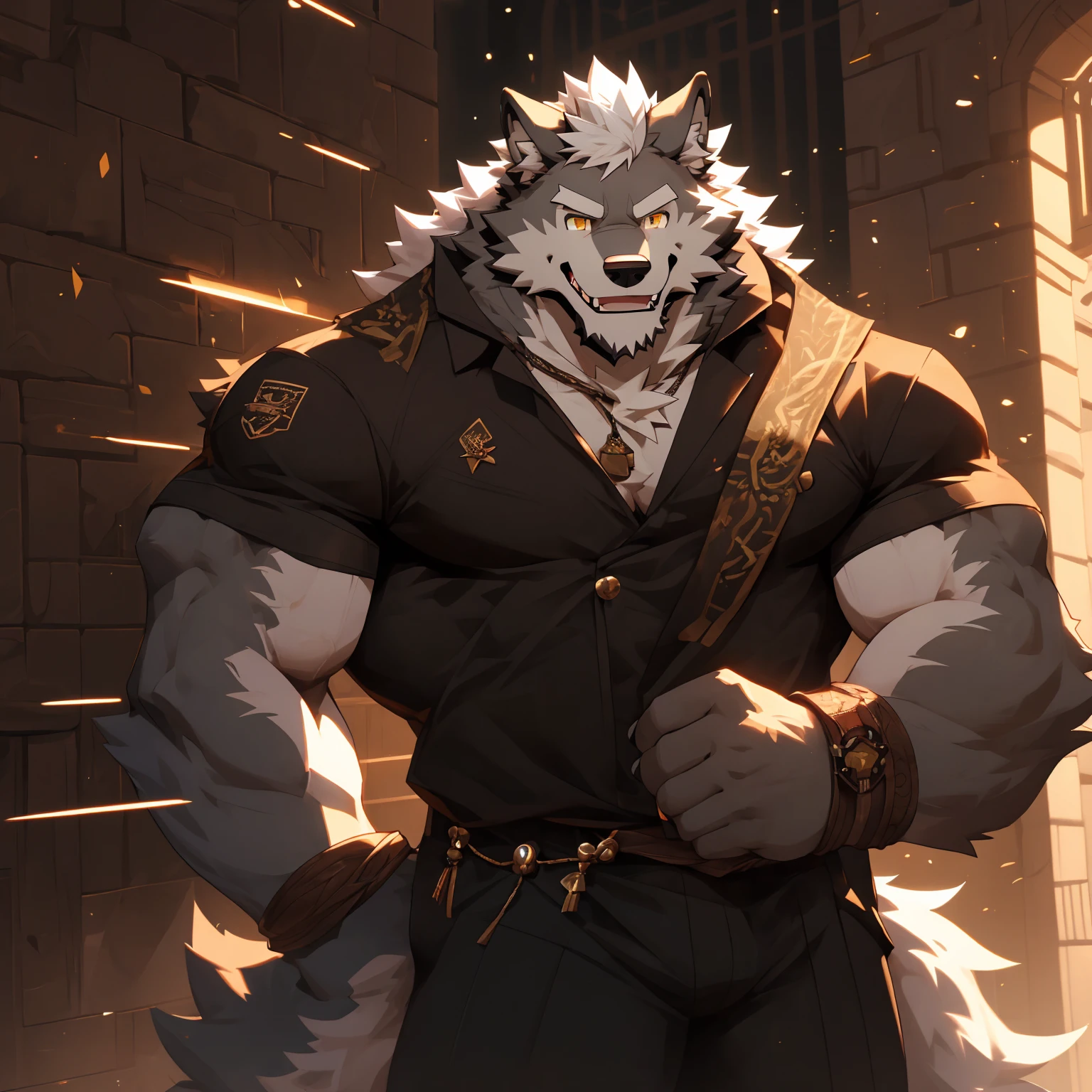 (masterpiece),(Very detailed),(Very detailed),(best quality),hairy,Wolf,Gray fur,White hair,Golden pupils,Robust construction,Smile,(Black casual wear (Open the 1.2)),((Wall Shooting)),8k,((high quality))