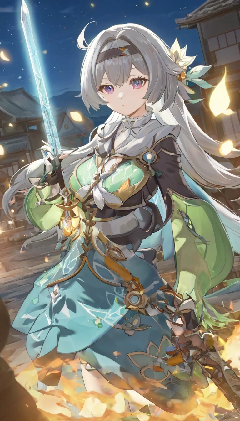 An anime girl，Genshin Impact，Firefly，Silver hair，Green clothes，A sword，Big breasts，High and cold