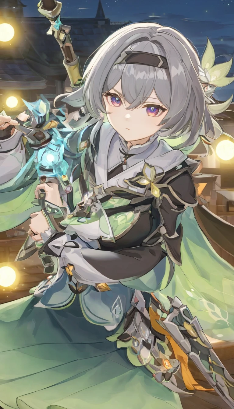 An anime girl,Genshin Impact,Firefly,Silver hair,Green clothes,A sword,Big breasts,High and cold