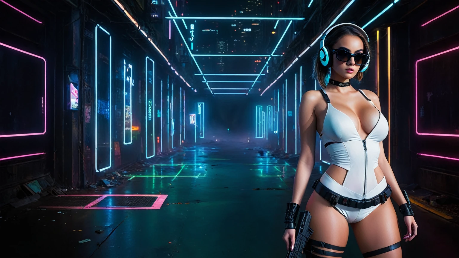 dark futuristic landscape, at night, neon lights, Atmospheric fog, large buildings in the background, futuristic city, streets with open shops, skyscraper (postapocalyptic city:1.3). (((1girl, solo, alone))), large-breast:1.2 slim body, cleavage:1.1, sexy miniskirt, (((headphone, black sunglasses, standing and holding pistol pose))), (((half-body thigh level medium shot))), cinematic lighting, lens flare, ray tracing.