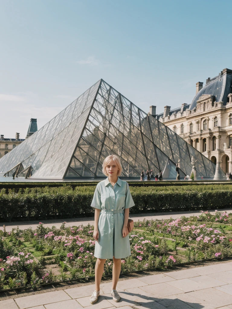 her name is Amelie, high quality, 1girl, ((20-year-old fit Caucasian woman)), ((20 years old)), ((SLIM)), ((short blonde hair)), pose: standing, wearing Contemporary Generation-Z modern wear pastel colored, BACKGROUND: Strolling through the Jardin des Tuileries, with its beautifully manicured gardens and views of the Louvre and the Eiffel Tower.