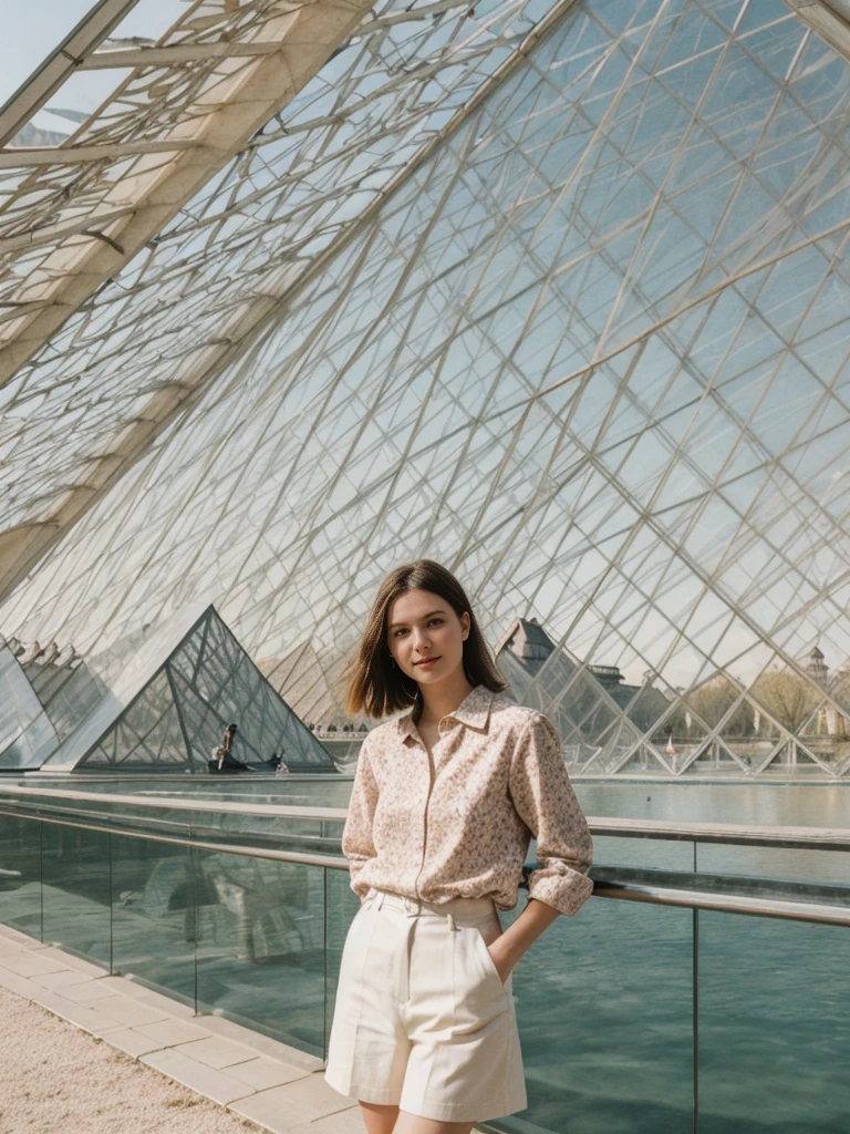 her name is Amelie, high quality, 1girl, ((20-year-old fit Caucasian woman)), ((20 years old)), ((SLIM)), ((short blonde hair)), pose: standing, wearing Contemporary Generation-Z modern wear pastel colored, BACKGROUND: Strolling through the Jardin des Tuileries, with its beautifully manicured gardens and views of the Louvre and the Eiffel Tower.