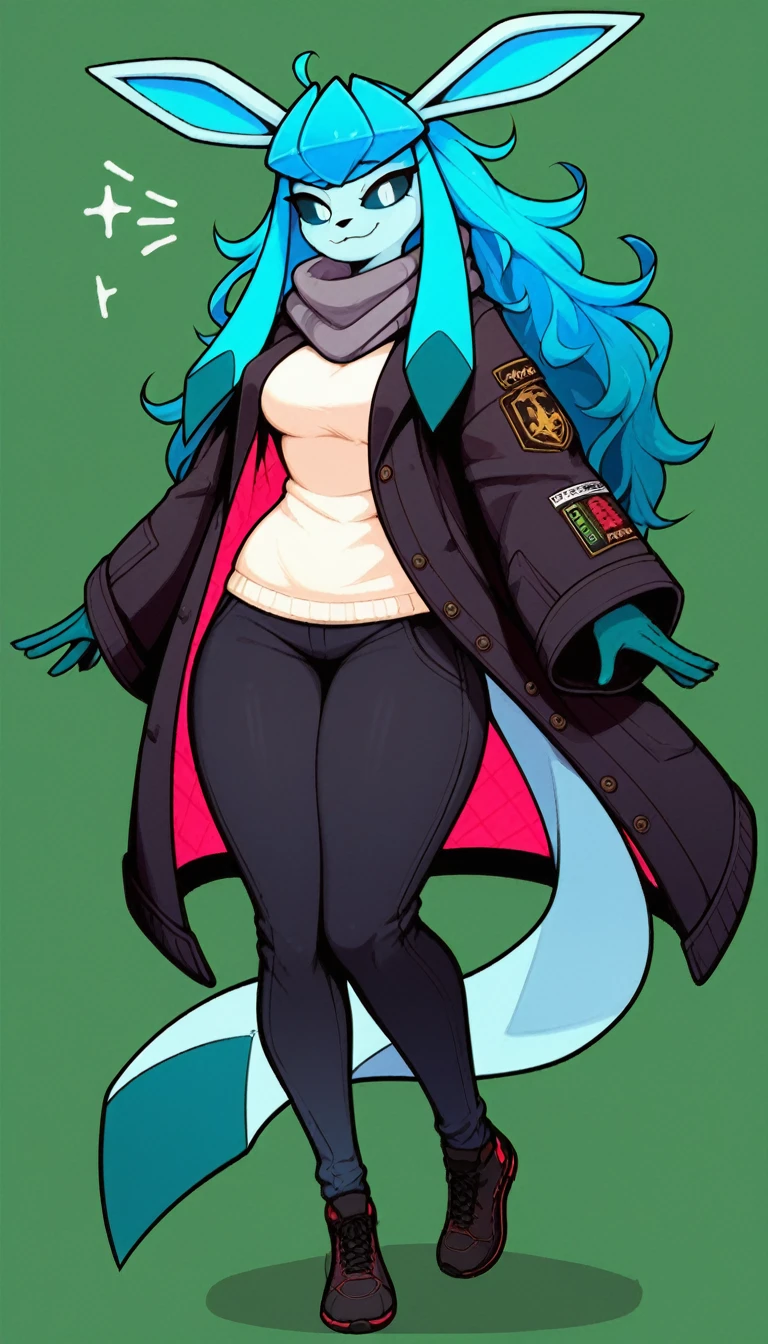 Excited expression, 1girl, anthro, furry, fur, fluffy fur, glaceon girl, blue hair (cyan highlights), black sclera, white eyes, long hair, Messy hair, (19 years), medium breast, thicc thighs, solo, (green background), detailed, smug smile, black coat, white sweater, black pants, gray scarf, (full body), score_9, score_8_up, score_7_up, score_6_up, score_5_up, score_4_up