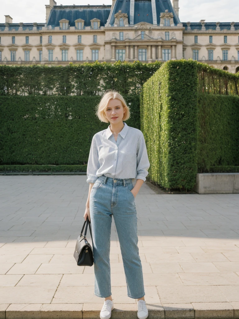her name is Amelie, high quality, 1girl, ((25-year-old fit Caucasian woman)), ((25 years old)), ((SLIM)), ((short blonde hair)), pose: standing, wearing Contemporary Generation-Z modern wear pastel colored, BACKGROUND: Strolling through the Jardin des Tuileries, with its beautifully manicured gardens and views of the Louvre and the Eiffel Tower.