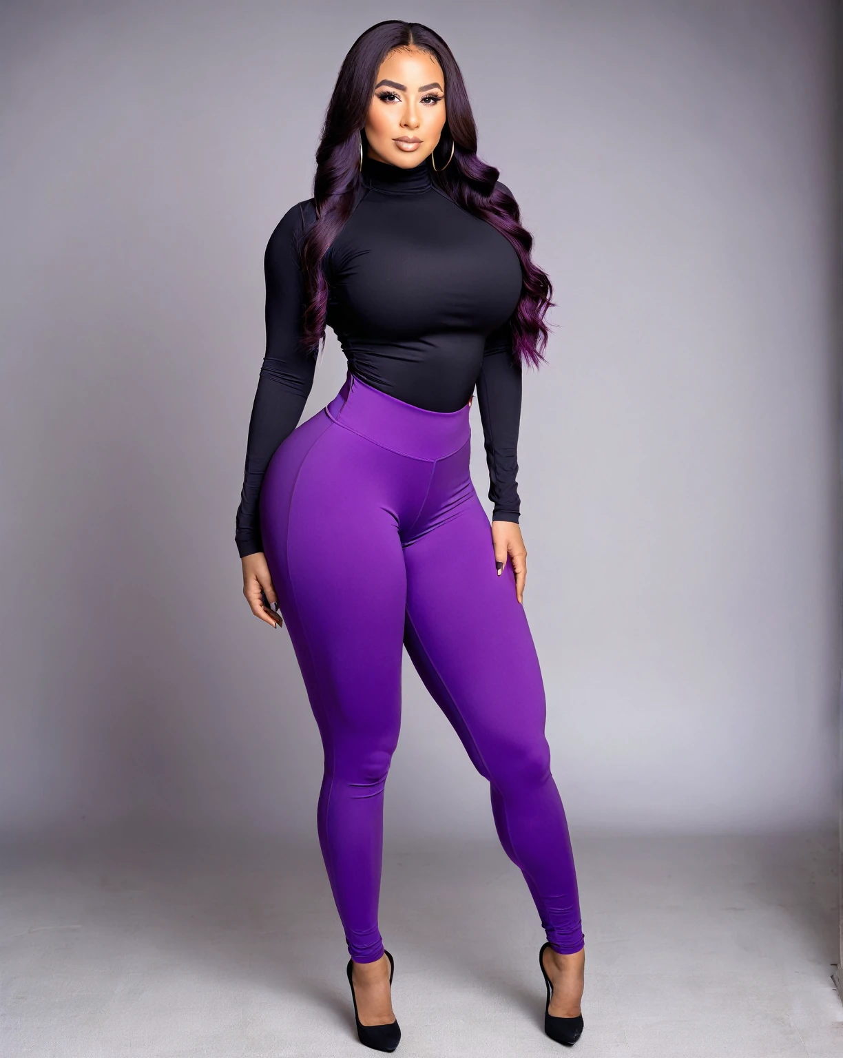 Arafed woman in a black shirt and purple leggings posing for a photo., Thick, beautiful Thick female, Thick body, photo fit, Fitted garment, Thick thigs, Thick thighs, fit curvy physique, fitness model, skinny waist and Thick hips, Thick legs, Thick, fit girl, Wide hips, curvy hourglass figure, very symmetrical body, tight suit