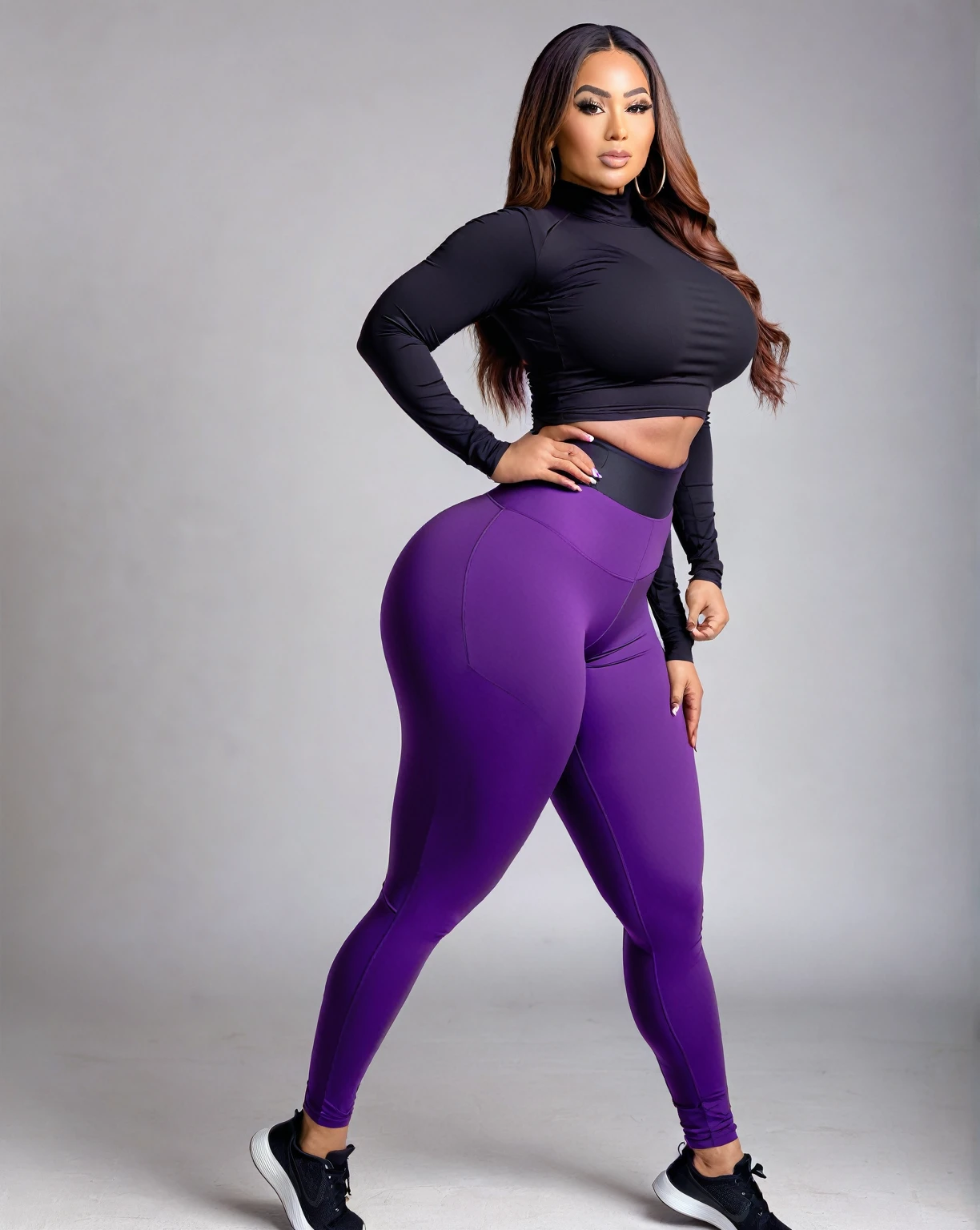 Arafed woman in a black shirt and purple leggings posing for a photo., Thick, beautiful Thick female, Thick body, photo fit, Fitted garment, Thick thigs, Thick thighs, fit curvy physique, fitness model, skinny waist and Thick hips, Thick legs, Thick, fit girl, Wide hips, curvy hourglass figure, very symmetrical body, tight suit