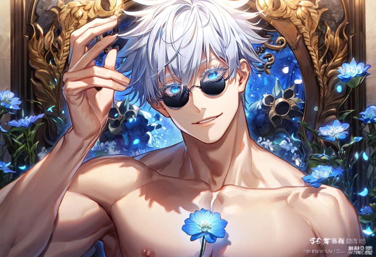 absurdres, highres, ultra detailed, HDR, master piece, Gojou Satoru, white hair with bangs, white eyelashes, expressive blue eyes, hair between the eyes, bare chest, toned chest, Jujutsu Kaisen, sexy man, room, handsome, best quality, flowers, fantasy, magical, solo, blue shining fireflies, blue petals, black round sunglasses, handsome smile