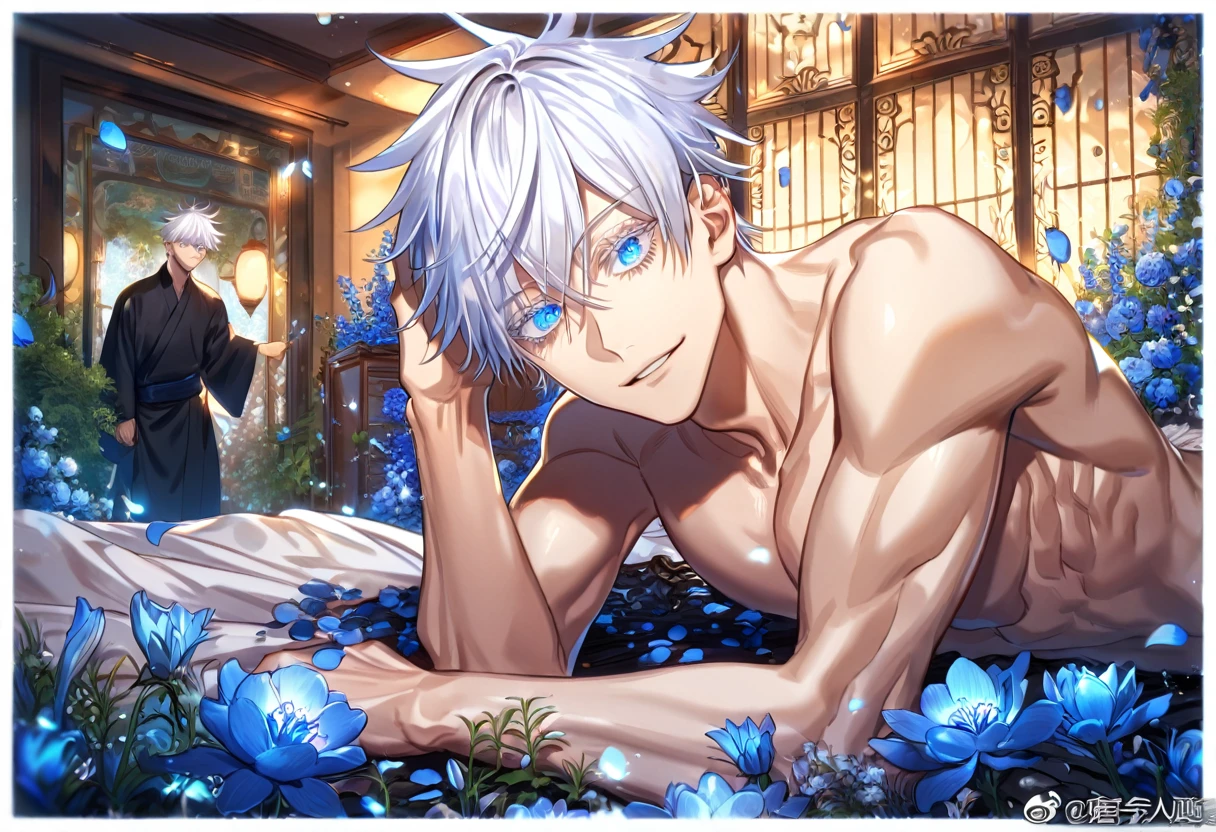absurdres, highres, ultra detailed, HDR, master piece, Gojou Satoru, white hair with bangs, white eyelashes, expressive blue eyes, hair between the eyes, bare chest, toned chest, Jujutsu Kaisen, sexy man, room, handsome, best quality, flowers, fantasy, magical, solo, blue shining fireflies, blue petals, black round sunglasses, handsome smile