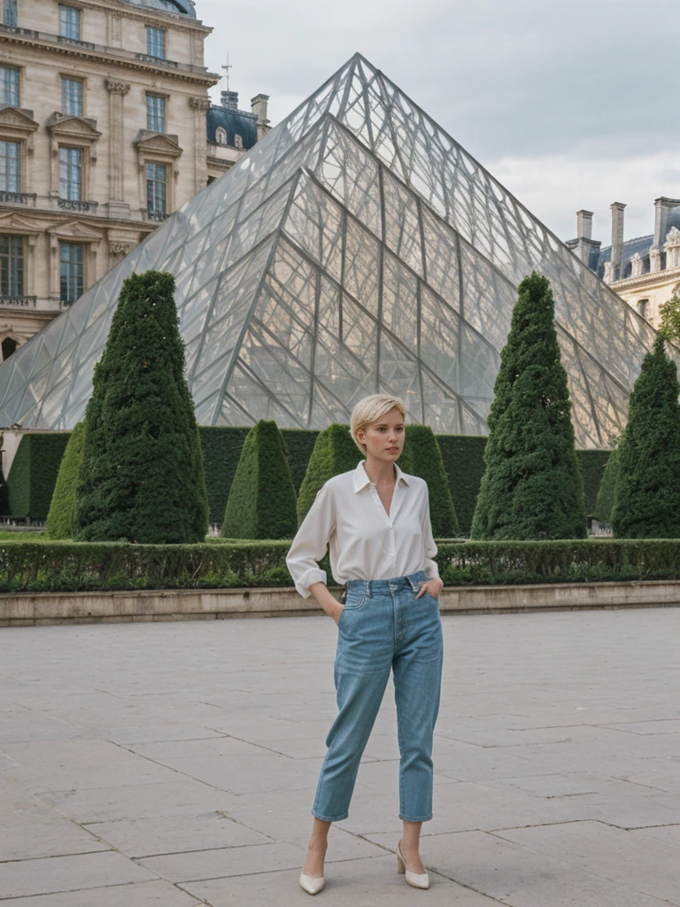 her name is Amelie, high quality, 1girl, ((25-year-old fit Caucasian woman)), ((25 years old)), ((SLIM)), ((short blonde hair)), pose: standing, wearing Contemporary Generation-Z modern wear pastel colored, BACKGROUND: Strolling through the Jardin des Tuileries, with its beautifully manicured gardens and views of the Louvre and the Eiffel Tower.