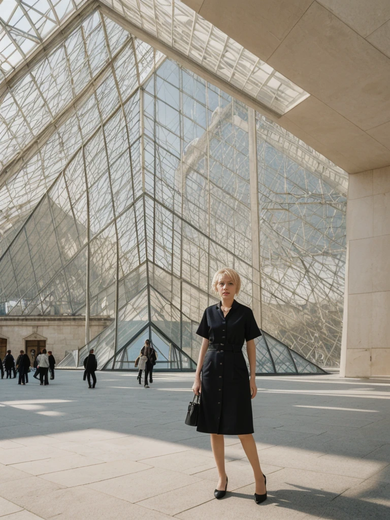 her name is Amelie, high quality, 1girl, ((25-year-old fit Caucasian woman)), ((25 years old)), ((SLIM)), ((short blonde hair)), pose: standing, wearing Contemporary Generation-Z modern wear pastel colored, BACKGROUND: Strolling through the Jardin des Tuileries, with its beautifully manicured gardens and views of the Louvre and the Eiffel Tower.