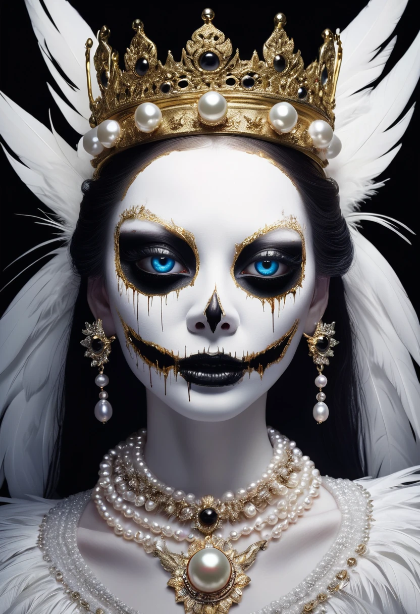 (masterpiece, best quality:1.2),Grotesque Aesthetics:1.56,Thriller, Ugly faceless person,There are many eyeballs growing on the skin of the face,teeth, Solitary,black background,crown,veil,hand,Pearl Necklace,Feather wings