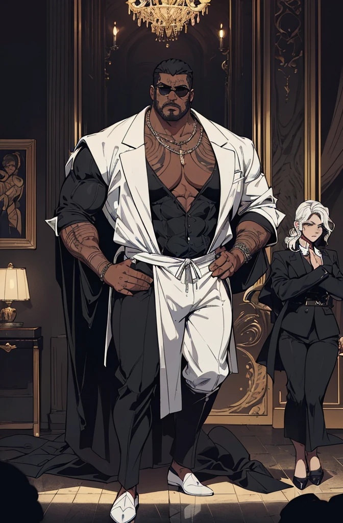 ((full body)),(angry),obra de arte:1.2, melhor qualidade, ultra detalhado, absurdos, Marcus "Juggernaut" Johnson:
Physical Description: Gigantic, bulky muscles, tribal tattoos.
Personality: Gentle, loyal, and protective, bodyguard of an important figure.
Clothing: Tailored black suit, white shirt, sunglasses.
Setting: Luxurious mansion of a magnate, with guards at every corner.
Photography: Soft lighting highlighting the opulence of the mansion, contrasting with Juggernaut's imposing figure. (retrato), cruzado, armadura elegante, (cocar elegante sobre capuz), Rei leproso, no estilo de Kentaro Miura, pele azul, (rosto desfigurado), partially cursed face, 1 mulher, fantasia, SCI-FI, Serious Expression, muscular, (Androgynous facial features),