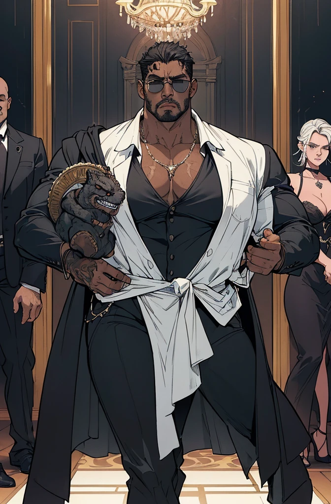 ((full body)),(angry),obra de arte:1.2, melhor qualidade, ultra detalhado,  absurdos, Marcus "Juggernaut" Johnson:
Physical Description: Gigantic, bulky muscles, tribal tattoos.
Personality: Gentle, loyal, and protective, bodyguard of an important figure.
Clothing: Tailored black suit, white shirt, sunglasses.
Setting: Luxurious mansion of a magnate, with guards at every corner.
Photography: Soft lighting highlighting the opulence of the mansion, contrasting with Juggernaut's imposing figure.  (retrato), cruzado, armadura elegante, (cocar elegante sobre capuz), Rei leproso, no estilo de Kentaro Miura, pele azul, (rosto desfigurado), partially cursed face, 1 mulher, fantasia, SCI-FI, Serious Expression, muscular, (Androgynous facial features), 