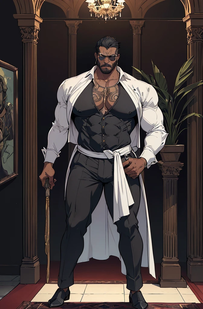 ((full body)),(angry),obra de arte:1.2, melhor qualidade, ultra detalhado, absurdos, Marcus "Juggernaut" Johnson:
Physical Description: Gigantic, bulky muscles, tribal tattoos.
Personality: Gentle, loyal, and protective, bodyguard of an important figure.
Clothing: Tailored black suit, white shirt, sunglasses.
Setting: Luxurious mansion of a magnate, with guards at every corner.
Photography: Soft lighting highlighting the opulence of the mansion, contrasting with Juggernaut's imposing figure. (retrato), cruzado, armadura elegante, (cocar elegante sobre capuz), Rei leproso, no estilo de Kentaro Miura, pele azul, (rosto desfigurado), partially cursed face, 1 mulher, fantasia, SCI-FI, Serious Expression, muscular, (Androgynous facial features),