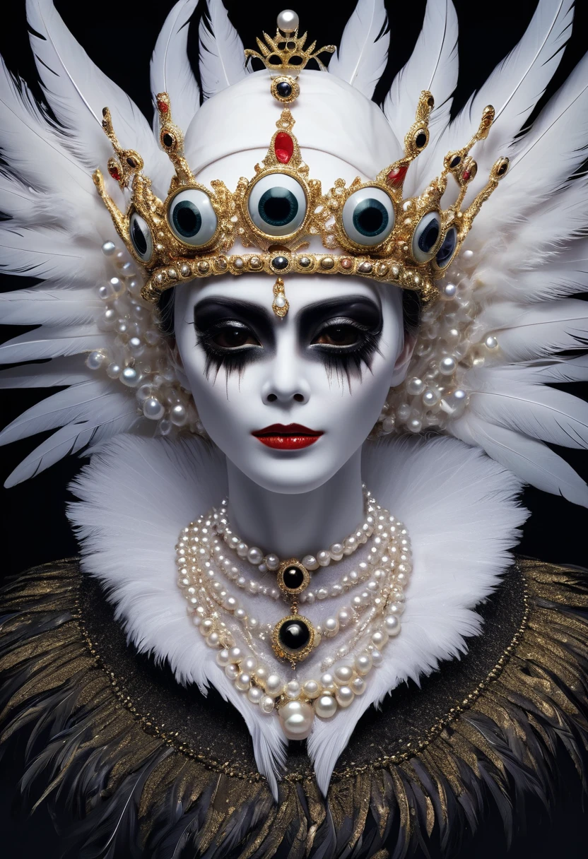(masterpiece, best quality:1.2),Grotesque Aesthetics:1.56,Thriller, Ugly faceless person,There are many eyeballs growing on the skin of the face,teeth, Solitary,black background,crown,veil,hand,Pearl Necklace,Feather wings