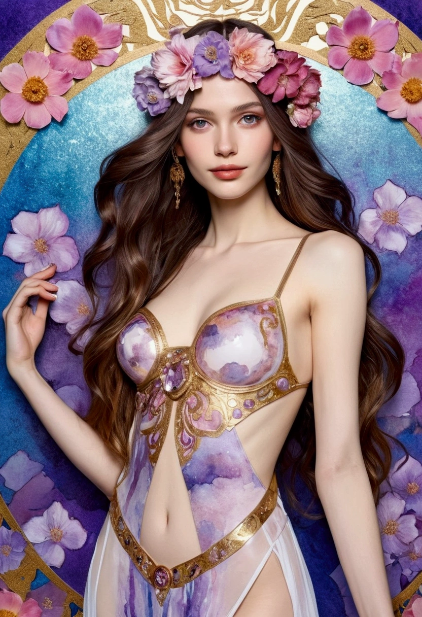 transparent watercolor, combined with the artistic styles of Gustav Klimt, Mucha, Caravaggio, a miss bikini beautiful girl show half medium breast sensual with different shades of white and light purple pink long hair, wearing a bohemian style dress of beautiful girl with breast and long legs and toes sensual paint full colors, smiling face attractive and bright and attractive eyes, decorated with winter flowers full colors, hollow crystals on a mix gold and blue leather round background, narrow frame (holographic fabric),decorativeism, exquisite details and high quality, vivids, 18K