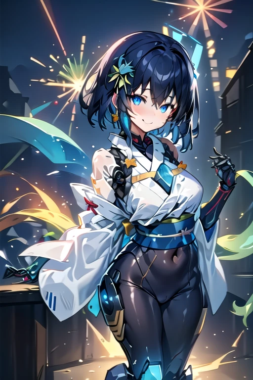 At a festival held at a shrine somewhere, a robot girl is wearing a yukata and looking at the camera with a smile, with fireworks in the background.。
The robot girl has short black hair and beautiful blue eyes.。In her right hand she holds a transparent glass piece.、Enjoying the festival。