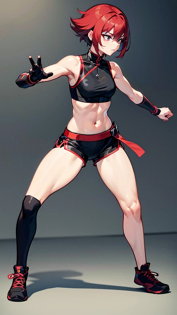 {{masterpiece}}, {{{best quality}}},{{ultra-detailed}}, {{illustration}},{{tall stature}},{{adult women}},skinny,Small breasts,Slender body,{{fighting stance}},((Leggings with integrated shorts)),Black leggings female fighter　Red hair short cut　Sleeveless uniform　Martial Arts Belt　,Chinese style,full body, black fingerless gloves,Street Fight,Slums,1 female,alone,