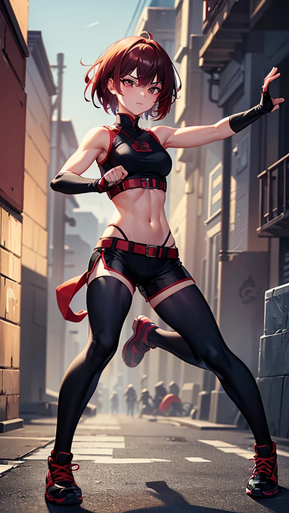 {{masterpiece}}, {{{best quality}}},{{ultra-detailed}}, {{illustration}},{{tall stature}},{{adult women}},skinny,Small breasts,Slender body,{{fighting stance}},((Leggings with integrated shorts)),Black leggings female fighter Red hair short cut Sleeveless uniform Martial Arts Belt ,Chinese style,full body, black fingerless gloves,Street Fight,Slums,1 female,alone,