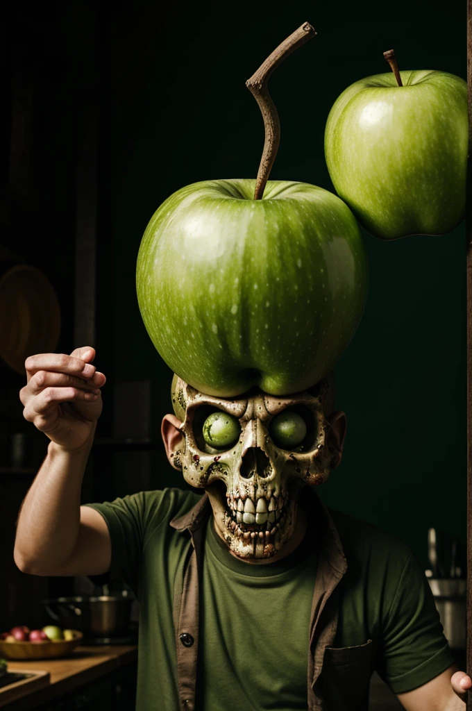 Proud zombie chef who in his eye sockets has a green apple and in the other he can see a gloomy forest 