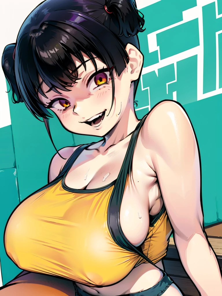 gesugaoでtitfuckをするsasaki kanna, Yellow Tank Top, underboob, Sweat, Black hair twin tails, Guess face, smile, crazy Smile, 勝ち誇ったsmile, Saeko squeezes my dick with her big tits々Castle Kanna, Her body is thin and delicate like an elementary school student, but her breasts are large., Sweaty, crazy Smile