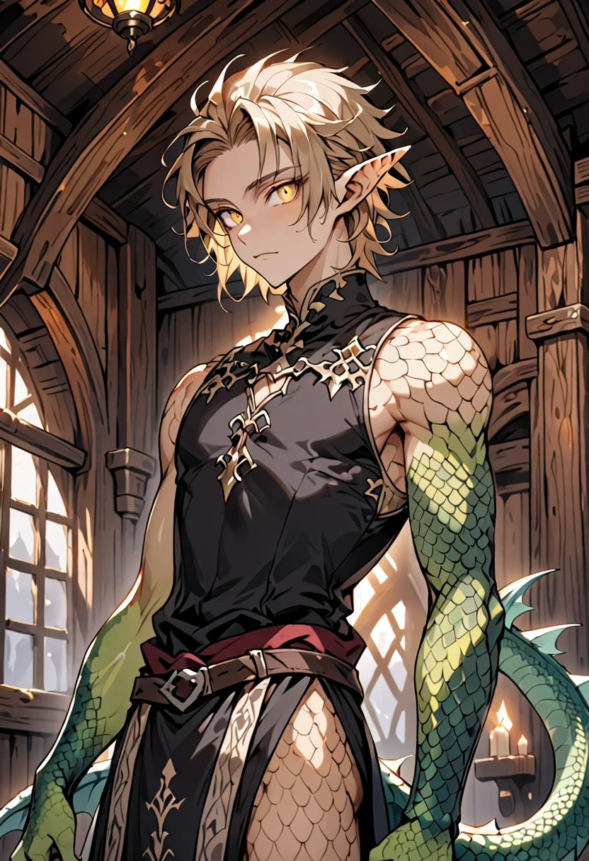 male, solo, very tall, large, human face:1.4, slim waist, fit, short messy light brown hair, yellow eyes, slit pupils, lizard tail, claws for hands, scales on arms:0.2, light tan skin, broad shoulders, clean shaven, scaly head-fins instead of ears, blushing heavily, fit arms:0.7, cabin indoors, bare shoulders, revealing medieval clothes, young feminine male