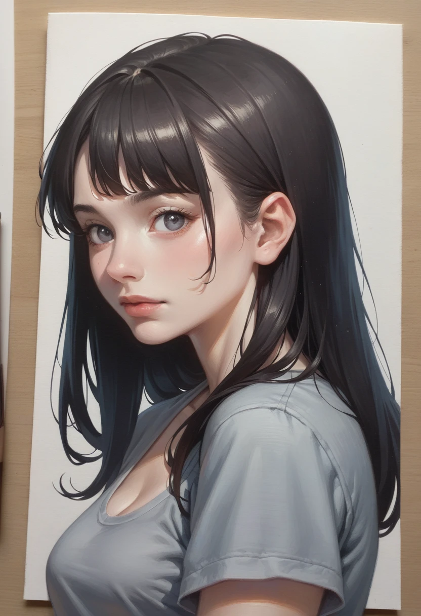 a close up of a woman with long black hair and a gray shirt, digital portrait, cartoon digital painting, 🤤 girl portrait, digital art portrait, stylized portrait, digital drawing, digital illustration portrait, digital sketch, glossy digital painting, digital paining, a digital painting, drawn with photoshop, digital matt painting, anime style portrait, #1 digital painting of all time