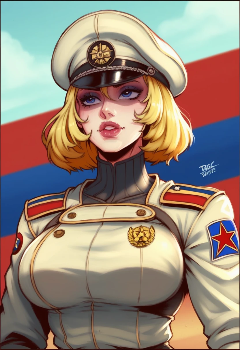 cinematic lighting, 1 girl, ((work of art)), HDR, best qualityer, ultra detali, extremely detaild, high resolution, face perfect, Cao Cao, beautiful background, (Depth of field), Ray tracing, standing, soviet_unity, Soviet Union \(blue track\), standing, breasts big, yellow blonde hair